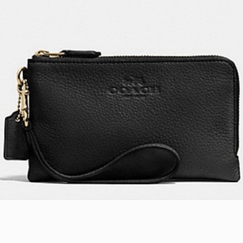 Coach Double Corner Zip Wallet Embossed Black Pebble Leather Gold Tone Hdwr NWT - Picture 1 of 16